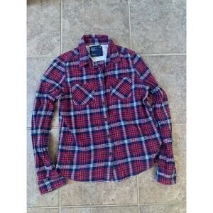 American Eagle 6/Small Red Blue & White Plaid Long Sleeve Button Flannel Shirt